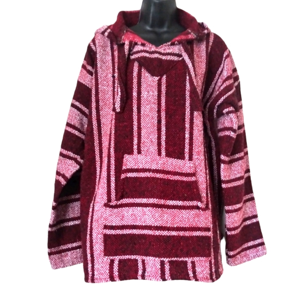Artesanias Red Oversized Poncho Hoodie Unisex Size L Woven Warm Boho Hippie
